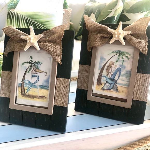 NEW! Charcoal Blue Gray Rustic Wood Frame Starfish Burlap Accents - Picture 1 of 8